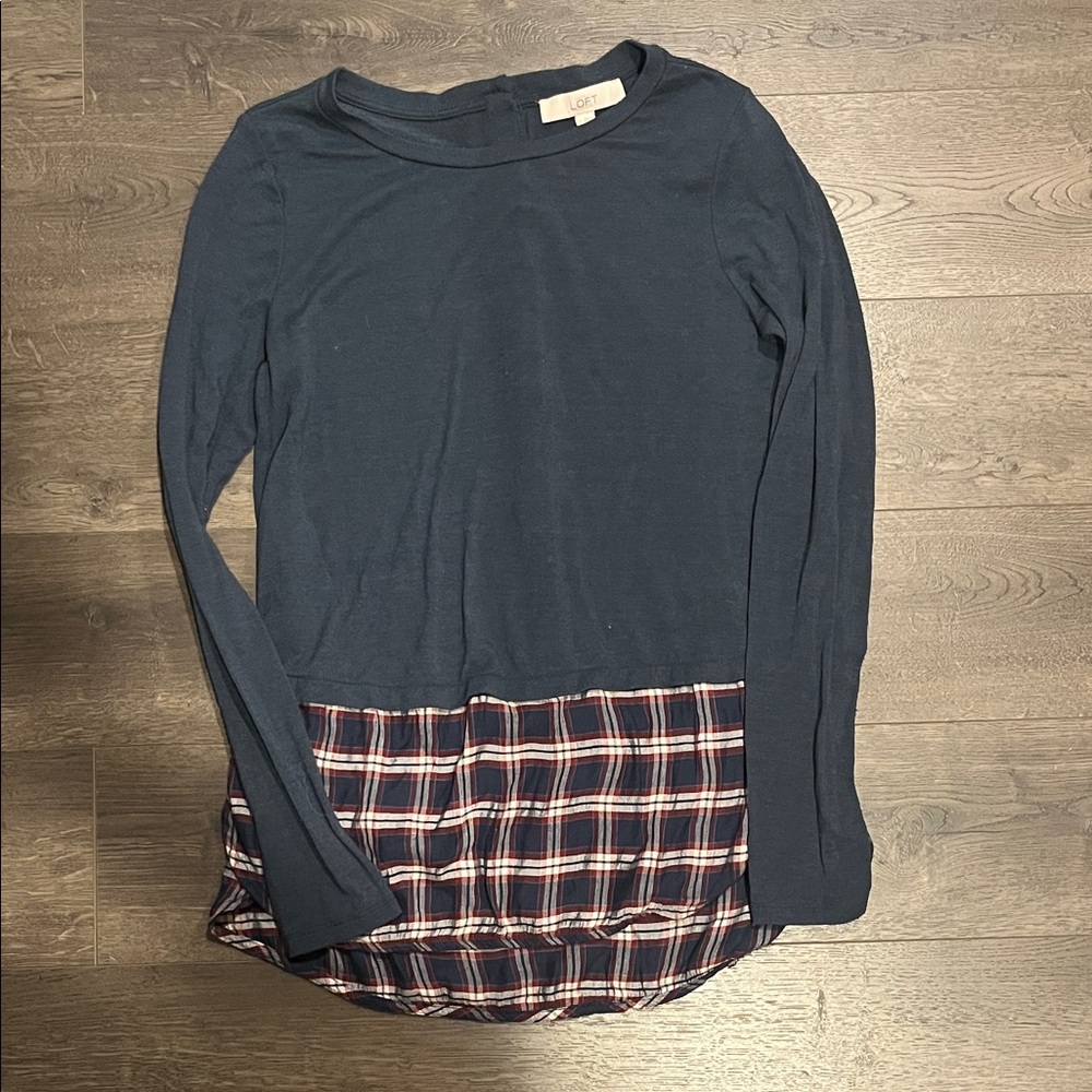 LOFT Navy and Plaid Long Sleeve Tee